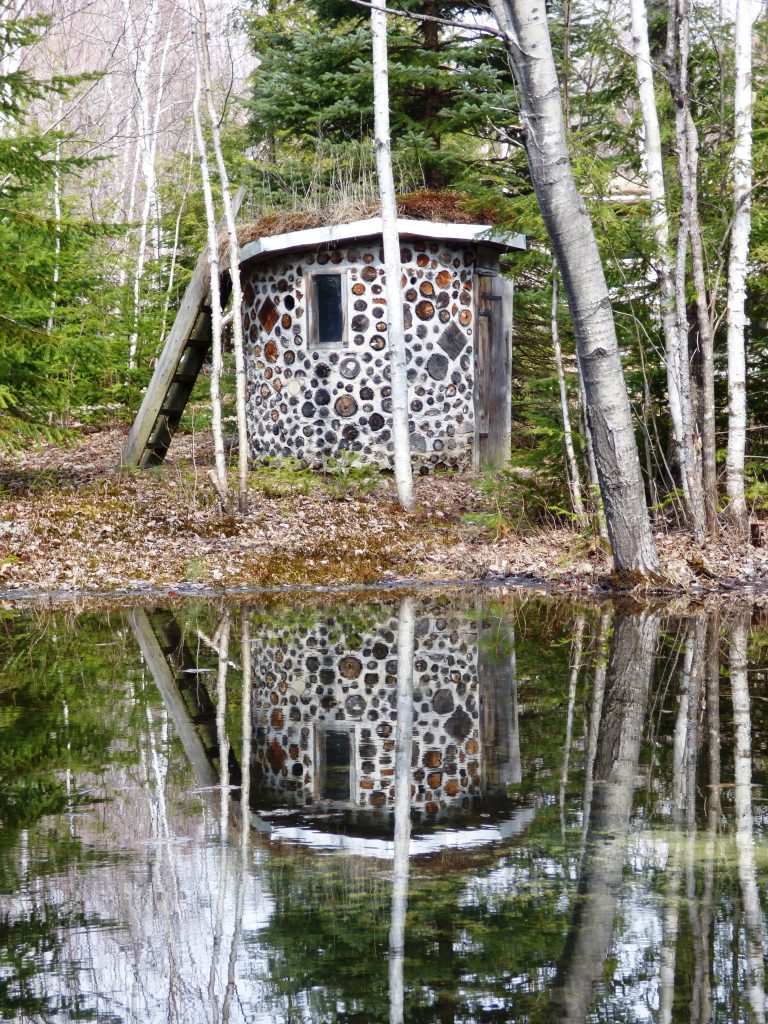 This pond-side playhouse was built by three 7-year-old boys and a 10-year-old girl for ten dollars. Later, the pressure-treated ladder to the living roof more than doubled the total cost.